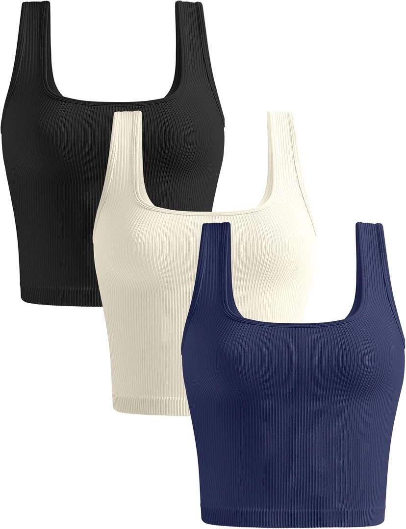 KIKIMINK Womens Crop Tank Tops 3 Pack Seamless Ribbed Sleeveless Square Neck Workout Yoga Gym Shirts Fitted Basic Camisole (Black, M)