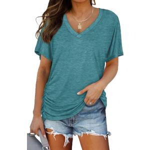 Women's V Neck T Shirts Short Sleeve Summer Casual Loose Dolman Tops with Side Shirring (XXL)