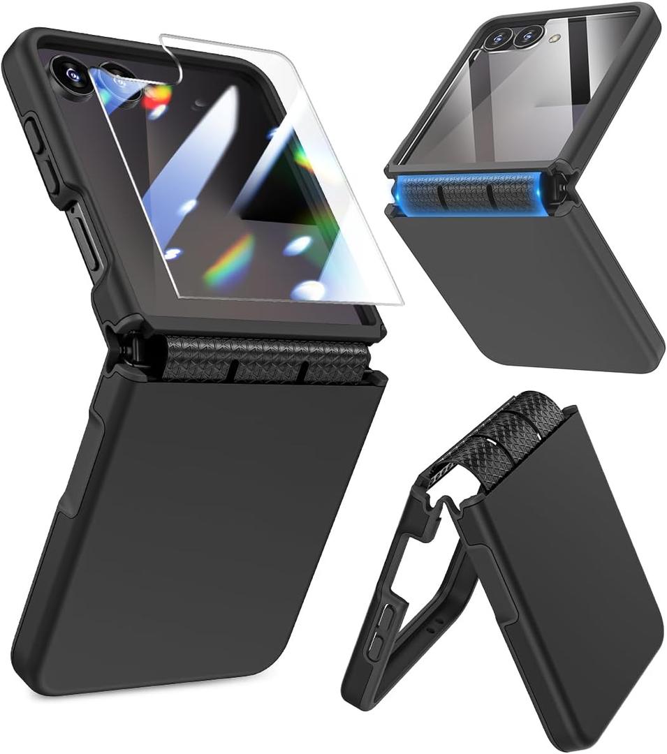 Caka [Upgrade] for Samsung Galaxy Z Flip 7 Case [Wireless Charging Compatible][Hinge Protection] [Screen Protector] Women Men Shockproof Protection Phone Cover for Z Flip 7 2025 - Black