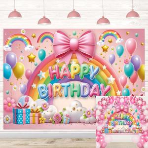 Rainbow Happy Birthday Backdrop Pink Bow Rainbow Photography Background for Girls Baby Shower Birthday Party Cake Table Decoration (8x6FT)