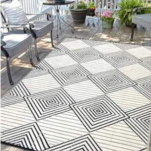 Waterproof Outdoor Rug 9x12ft, Boho Reversible Plastic Straw Mat for Patio RV Deck Porch Backyard Balcony Camping Picnic Beach Indoor Outdoor Carpet, Black&Beige
