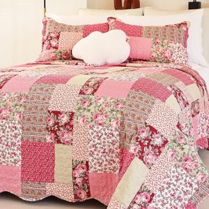Cmfshape Summer Floral Queen Quilted Bedspread,Romantic Pink Quilt Set Full,Reversible Stitched Bedding Set All Season,Soft Lightweight Coverlet with Pillow Cases (Hot Pink&Rose, Queen90 x90)