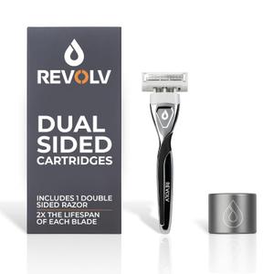 REVOLV - Mens Razor - 1 Premium Weighted Handle + 1 Dual-Sided Cartridge + 1 Stand - For a Closer, Smoother Shave - Safe on Sensitive Skin - Black