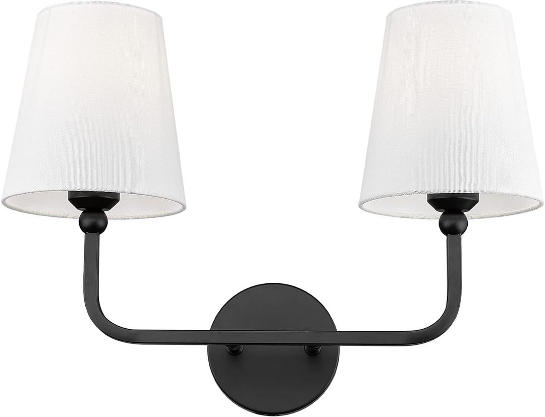2-Light Bathroom Vanity Light Fixtures in Matte Black Finish, Modern Bedside Wall Sconces with Flared White Fabric Shade for Bathroom, Hallway, Living Room, Kitchen, VL837-MB-2