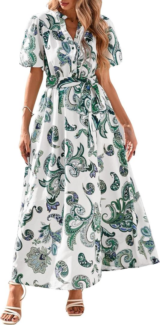 KIRUNDO Women Spring Summer Wedding Guest Boho Floral Maxi Dress Puff Sleeve Button Shirt V Neck Flowy Beach Vacation Dress (S)