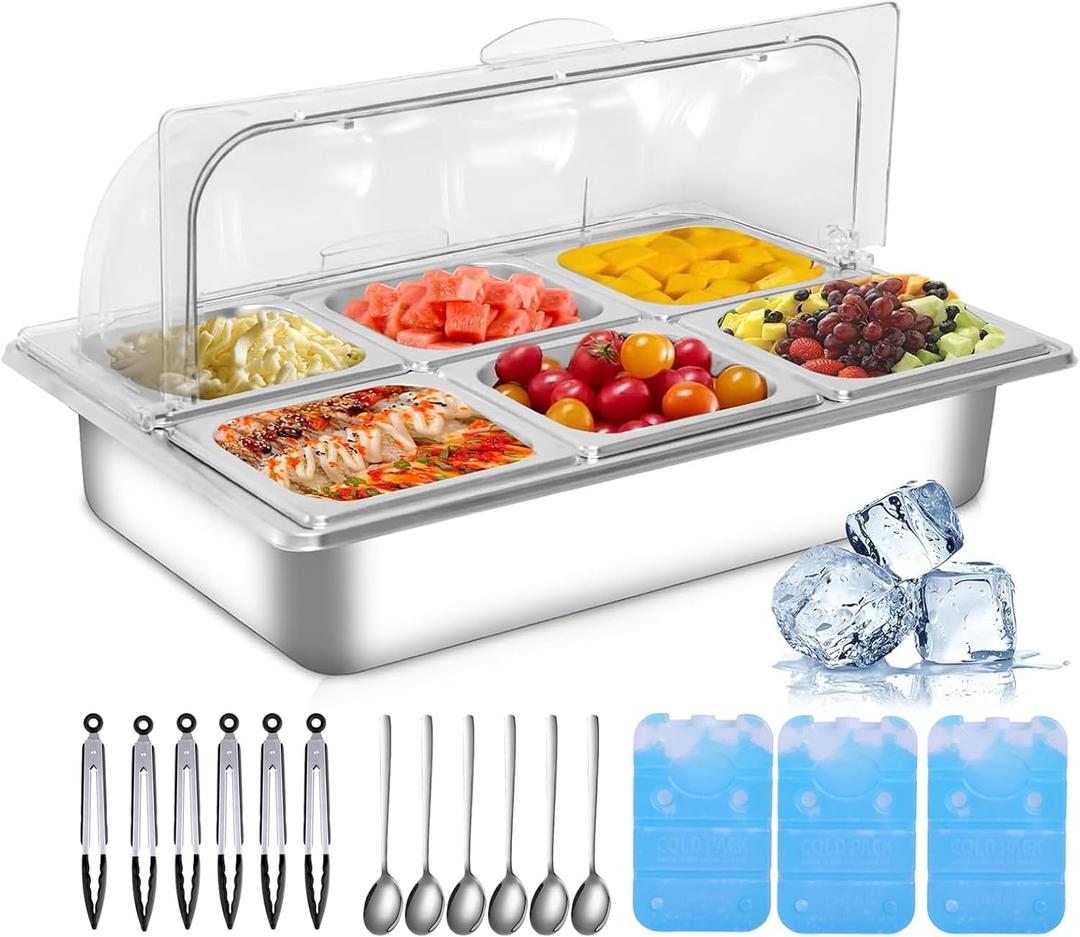 Countertop Ice Food Serving Display Tray with 6 Pan, Portable Salad Bar Buffet Station for Home, Cold Food Buffet Server, Ice Serving Trays for Parties, Pizza Topping Station Cooling Trays for Food