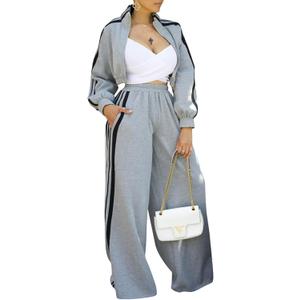 Akmipoem Sweatsuits Women 2 Piece Outfit Striped Tracksuit Long Sleeve Zipper Crop Sweatshirt Wide Leg Sweatpants Set (X-Large, Grey)