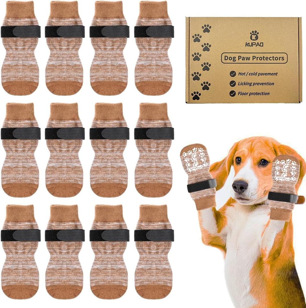 Dog Socks 12 Pack to Prevent Licking Paws, Anti Slip Dog Booties and Paw Protectors for Hardwood Floors Hot Pavement, Suitable for Small Medium Large Senior Dogs - Size Small,Brown