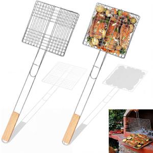 2 Pcs Grilling Basket Stainless with 21" Long Heat-resistant Steel Grill Basket Wooden Handles for Outdoor Wood Stove Flip Grills Cooking Portable Camping Rack for Meat Gifts for Men Dad