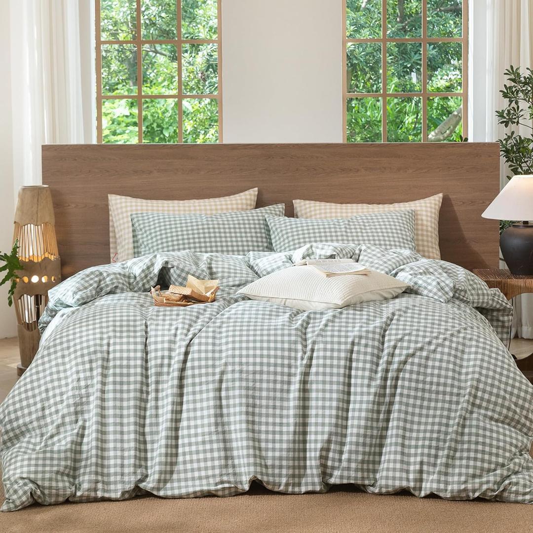 MooMee Gingham Duvet Cover Set 100% Washed Cotton Linen Like Textured Breathable Durable Soft Comfy Modern Checkered Design (Sage Green Gingham, King 104"x90")