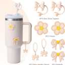 2 x 8PCS Stanley Cup Accessories, Stanley Accessories | 2PCS Silicone Bow Straw Toppers, 2 Cute Bow Handle Charm, 2PCS Water Bottles Bufferfly Patches Self-Stickers Accessories Decor (Beige-Butterfly)