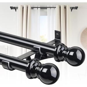 Double Curtain Rod 28-42 Inch, 1 Inch Heavy Duty Adjustable Drapery Rod Set with Brackets, Decorative Curtain Rod for Sheer, Blackout Curtains, for Kitchen Bedroom Living Room Windows -Black
