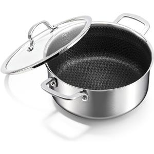 4.6 Qt Stainless Steel Stock Pot with Lid, 3-Ply 18/10 Hybrid Honeycomb Nonstick Soup Pot, 9.4 Inch Induction Pasta Pot for Simmering, Boiling & Stewing