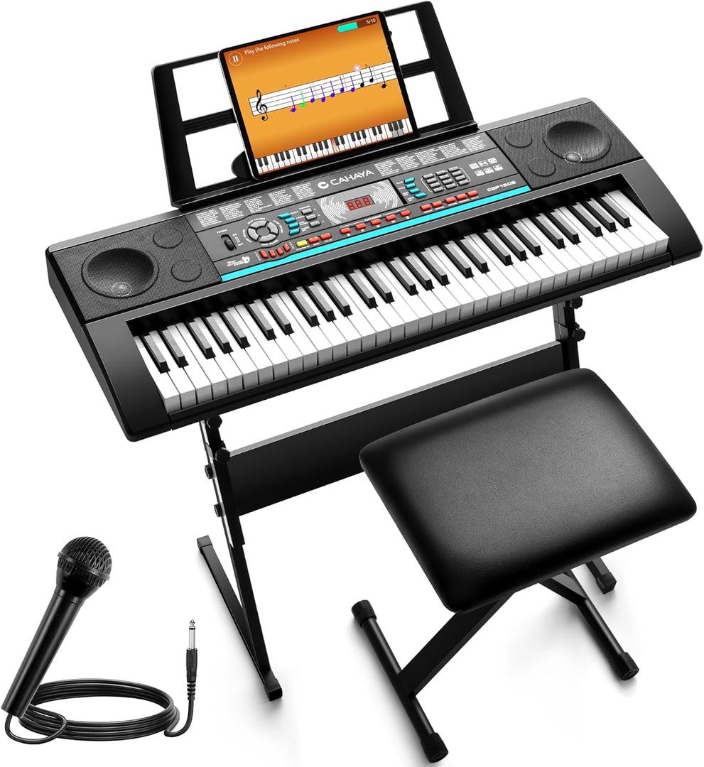 CAHAYA 61 Key Keyboard Piano  Electric Piano Set for Beginners with Stand & Stool, Microphone, Built-In Speakers, 128 Sounds & 128 Rhythms, Portable Electronic Keyboard