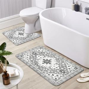 Uphome Boho Vintage Bathroom Rugs Sets 2 Piece Gray Non-Slip Soft Bath Mat with U-Shaped Contour Toilet Rug Machine Washable Oriental Aesthetic Bath Rugs Tribal Floral Floor Mats for Sink Tub Shower (Grey)