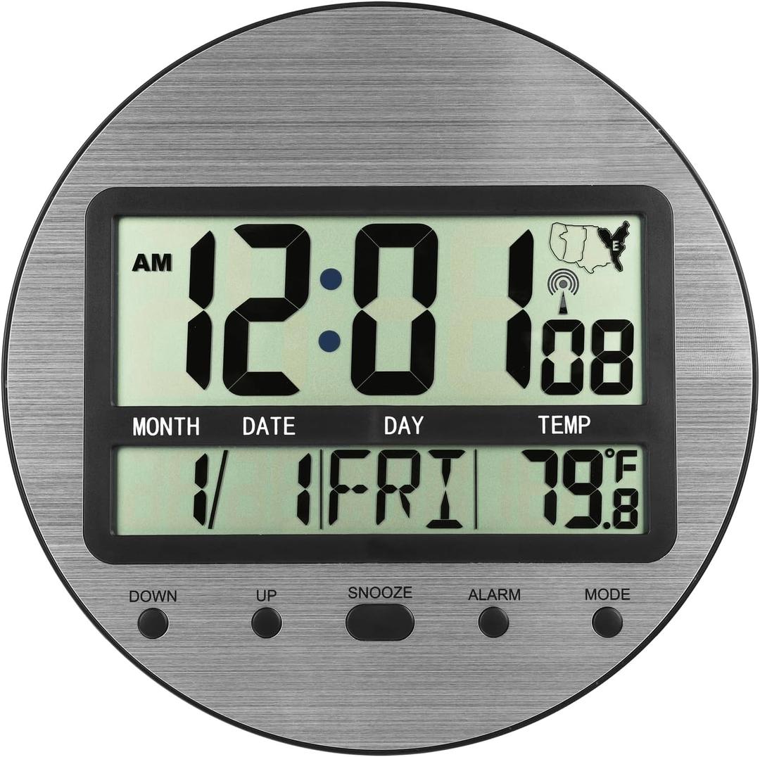 Atomic Digital Wall Clock Battery Operated, Self-Setting, Large Display with Temperature, Date, Day of The Week, Seconds, Round Wall Mount Digital Clock - 4 Time Zones, DST, Aluminum Metal Dial