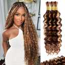 14 Inch Highlight Human Braiding Hair for Boho Braids, P4/27/30 Ombre Brown Blonde Deep Wave Curly Boho Braids Hair Extensions 100g for Braiding Knotless 3 Bundles/Pack