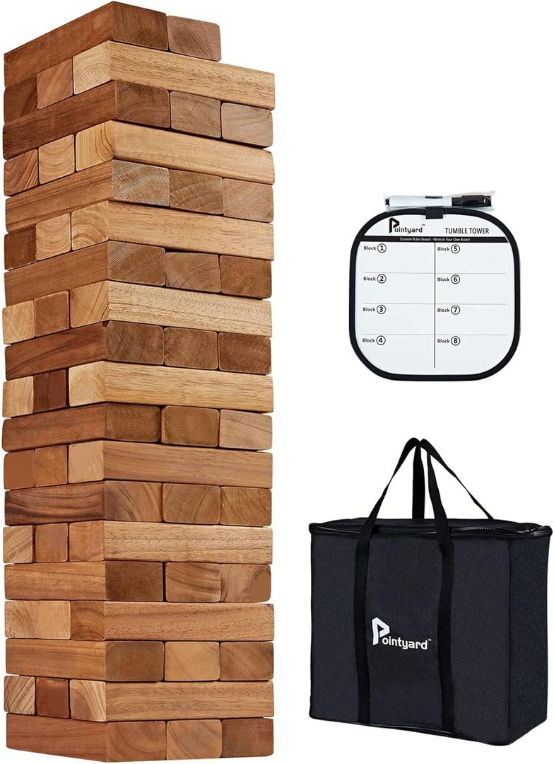 Giant Tumble Tower [Stack up to 5FT], Retro Pine Wooden Tumble Timber Indoor Game for Teenagers & Adults - Classic Stacking Block Party Game with 1 Dice | Scoreboard | Carry Bag