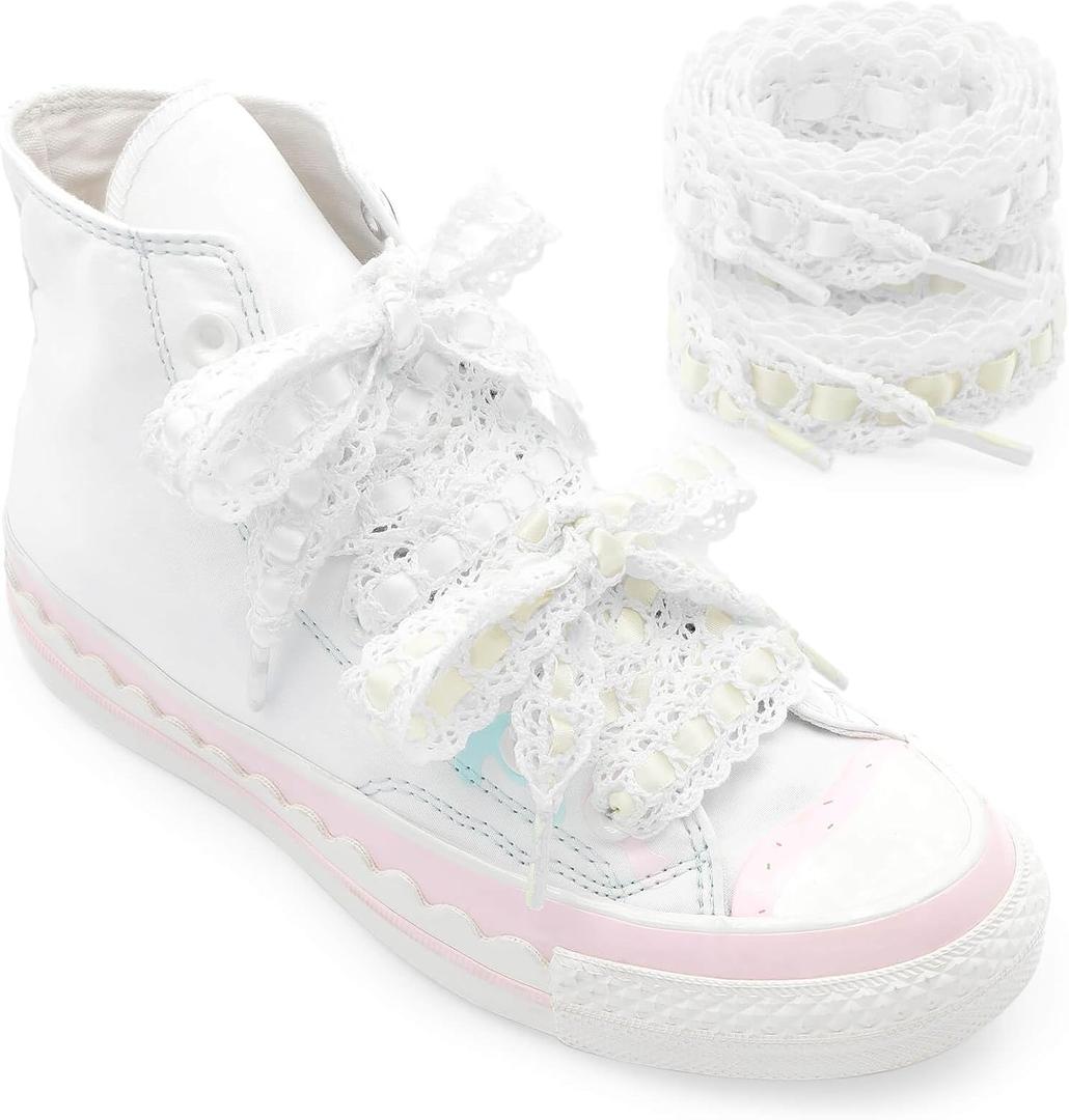 3 x YJRVFINE Ribbon Shoe Laces for Women: Checkered Satin Shoelaces for Sneaker | 2 Pairs, 2 Colors, 22mm Wide, 47" Length, Flat, Soft Silk Plaid, Cute, Girly, Replacement Shoestrings, for Girls, Woman