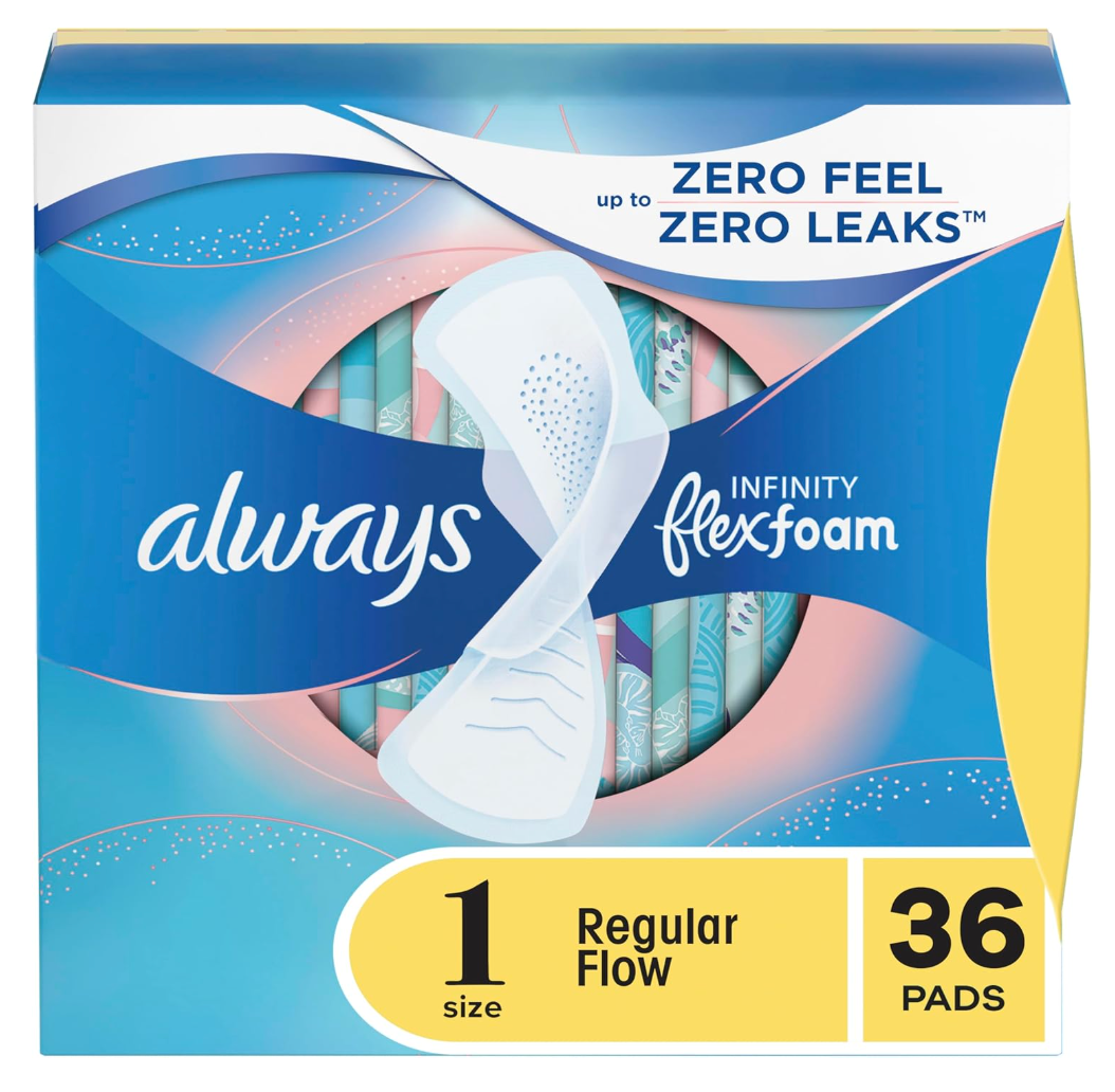 Always Infinity FlexFoam Pads for Women Size 1 Regular Absorbency, 72 Count with Wings, Unscented, 36 Count 