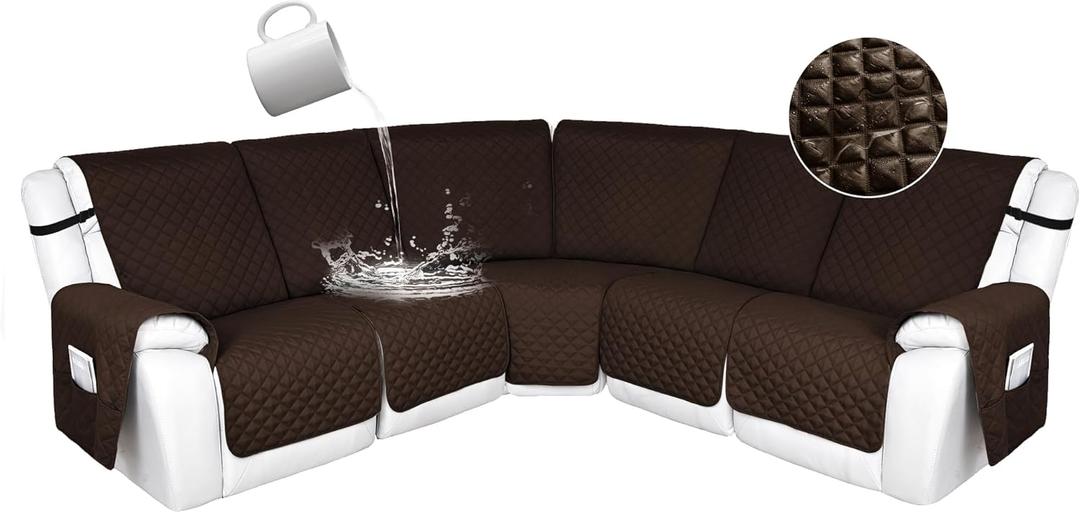 HDCAXKJ 100% Waterproof Reclining Sectional Couch Covers L Shape Recliner Sofa Cover Washable Quilted Soft Pet Dog Corner Recliner Slipcovers with Pockets (5 Seat Recliner Couch, Dark Brown)