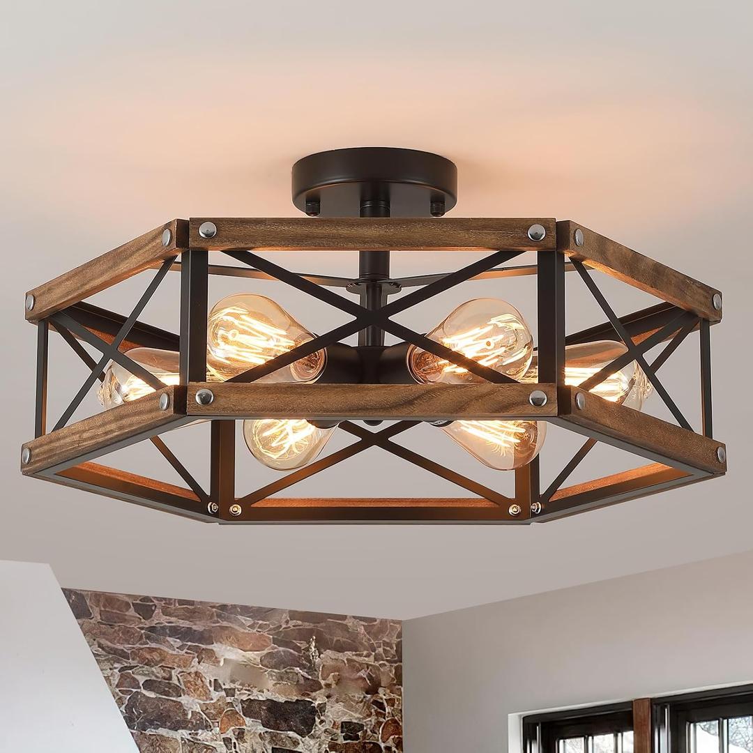 6-Light Large Rustic Farmhouse Wood Pendant Light Fixture with Adjustable Chain, 20 inch Oak Wood and Metal Cage Chandelier for Dining Room Kitchen Island Farmhouse Living Room Entry, Black