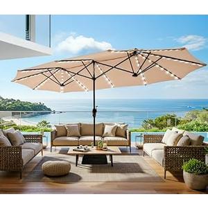 SUPERJARE 13ft Outdoor Patio Umbrella with Solar Lights, Double-sided Deck Pool Umbrella with 1.5 Inch Pole, Fade Resistant Canopy, 12 Sturdy Ribs, for Porch, Market, Backyard, Beige (No Base)