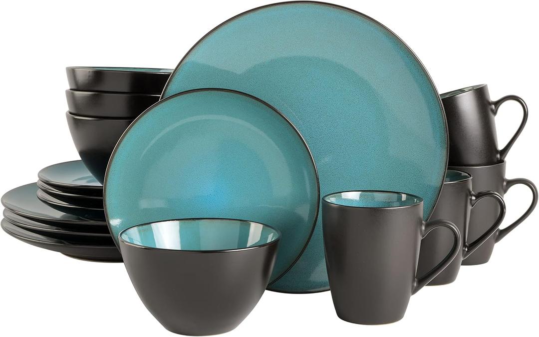 Gibson Elite Soho Lounge 16-Piece Round Reactive Glaze Stoneware Dinnerware Set, Service for 4 Teal Plates and Bowls