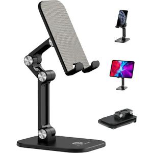 OCYCLONE Phone Stand, Adjustable Height and Angle Foldable Cell Phone Stand Holder for Desk, Taller iPhone Stand Compatible with 4.7"-13" Smartphones iPad Tablet, Black