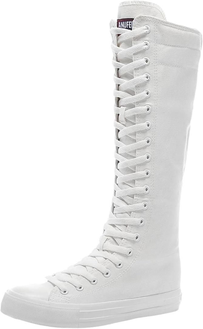 ANUFER Girls Women Fashion Canvas Knee Boots Pure Black Zip Dance Boots (6.5, White-Flat)