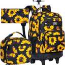 3Pcs Rolling Backpack for Girls, 19 Women Inche Roller Bag with Wheels, Sunflower Wheeled Bookbag Set for Adults(Yellow)
