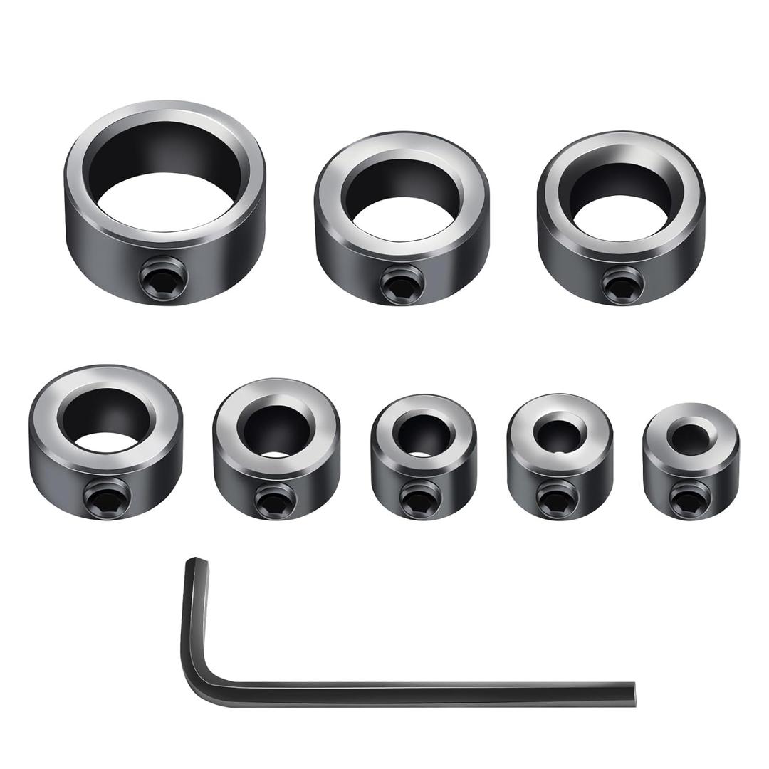 Depth Stop Drill Bit,Stop Collar Set Includes 1/8, 3/16, 1/4, 5/16, 3/8, 7/16, 1/2, 5/8and Allen Wrench(9Pcs), Premium High Carbon Steel Drill Bit Positioning Ring Split Ring- Tiosamd