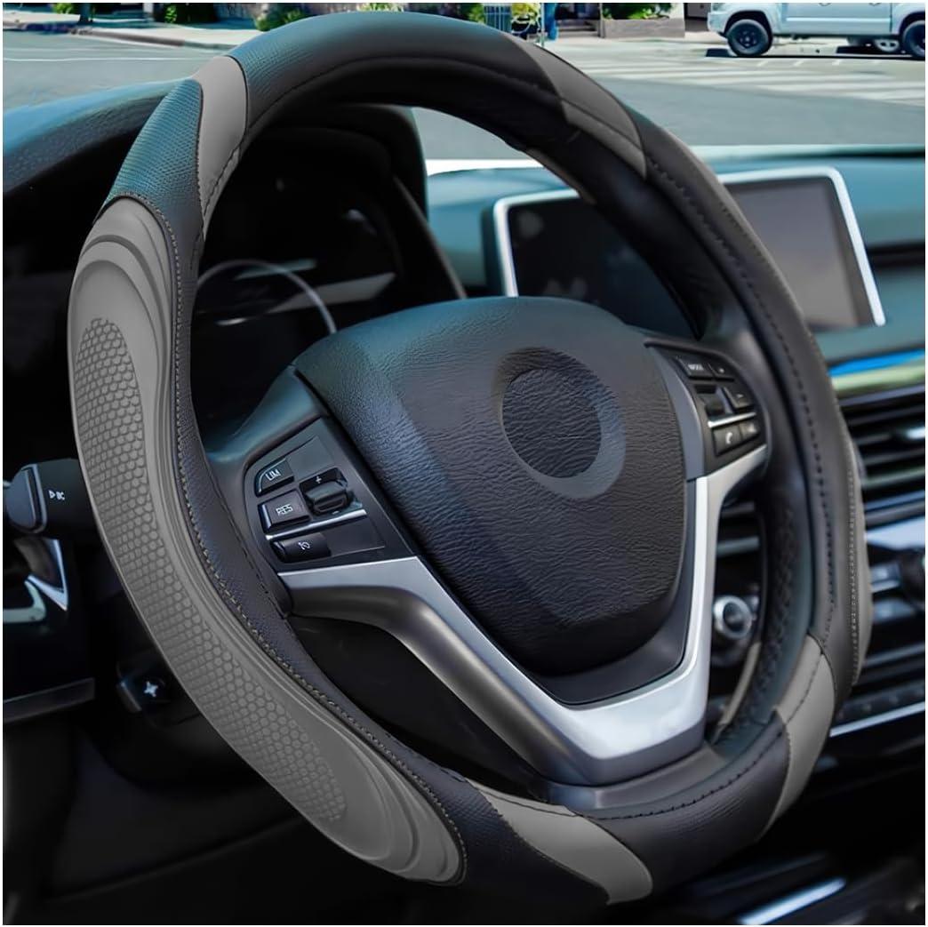 15 Inch Car Leather Steering Wheel Cover, Automotive Accessories Elastic Breathable Anti-Slip Soft Wheel Protector Fits Men and Women, Suitable for SUVs, Trucks, Vehicles and RVs (Gray)