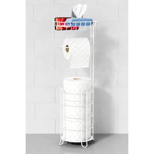 Goozii White Toilet Paper Holder Stand with Shelf, Free Standing Bathroom Tissue Holder for Large Mega Rolls, Metal Floor Toilet Paper Roll Holder with Wipes Storage and Phone Tray (White)