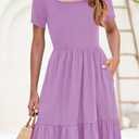 YOVION Girls Summer Dress Square Neck Short Sleeve Casual Loose Ruffle Tiered Dresses with Pockets for 8-9 Y (Purple)