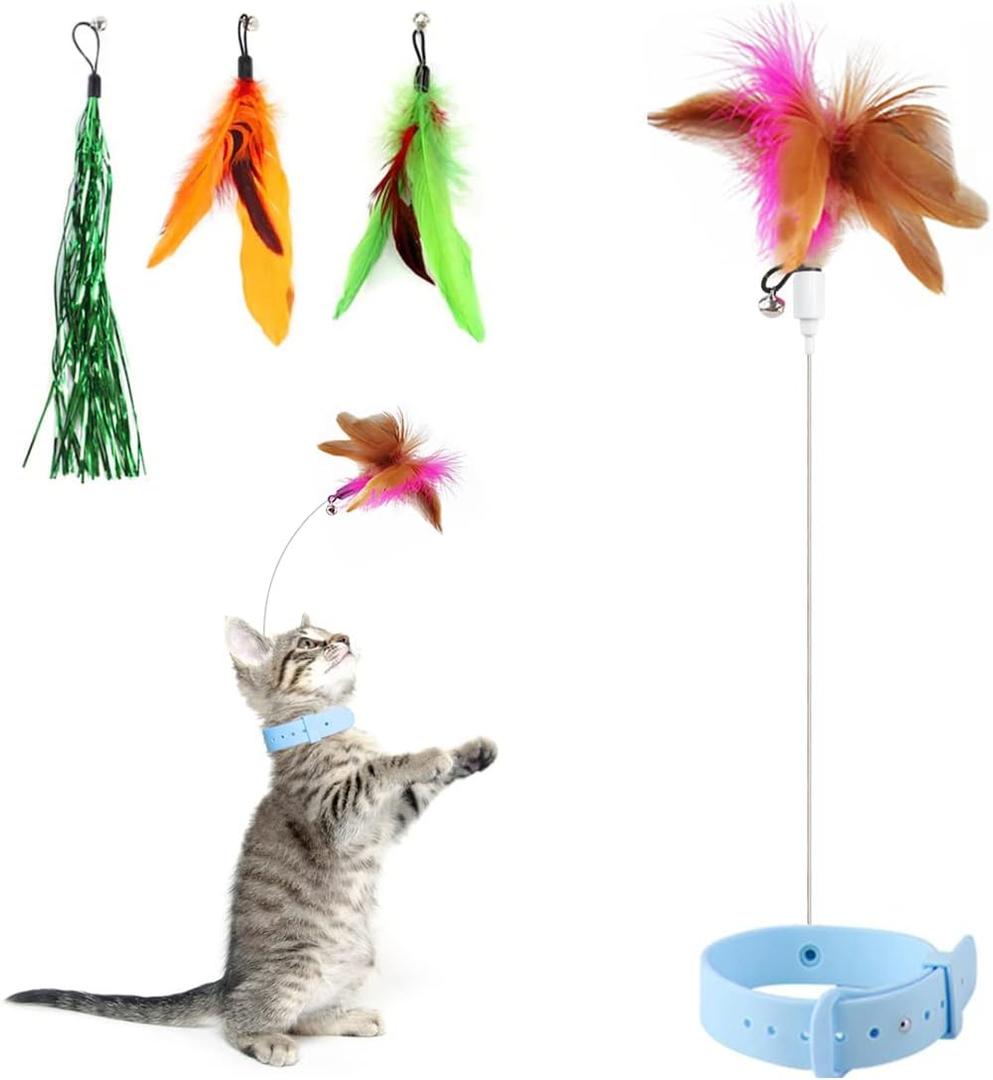 Cat Feather Collar Toy, Interactive Toys for Indoor Cats Self Play Funny Teaser Wand Neck 3-in-1 Collar Toy Feathers with Bell & 3 Refills Hands Free for Cats Play Blue