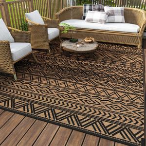 MontVoo Outdoor Rug 8x10 Waterproof Outdoor Patio Rug Mat Reverisble Plastic Straw Outdoor Rug for RV Camping Picnic Beach Balcony Boho Black Brown