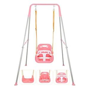 3-in-1 Toddler Swing Set, Indoor & Outdoor Baby Swing Heavy Duty Swing Set with Foldable Metal Stand for Aged 6 Months to 10 Years Old, Easy to Assemble and Store (Pink)