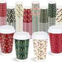 48 Sets 16 oz Classic Christmas Disposable Paper Cups with Lids for Drinking Hot Cocoa Coffee Tea Beverage Double-Wall Insulated Design Merry Christmas Winter Home Office Party Supplies