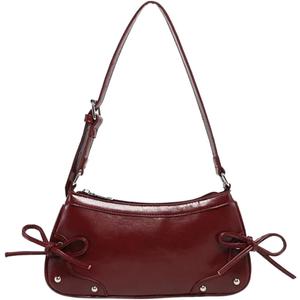 QWINEE Women's Leopard Print Purse Y2k Cheetah Shoulder Bag Bow Studded Clutch Zipper Adjustable Strap Underarm Bag (Burgundy)