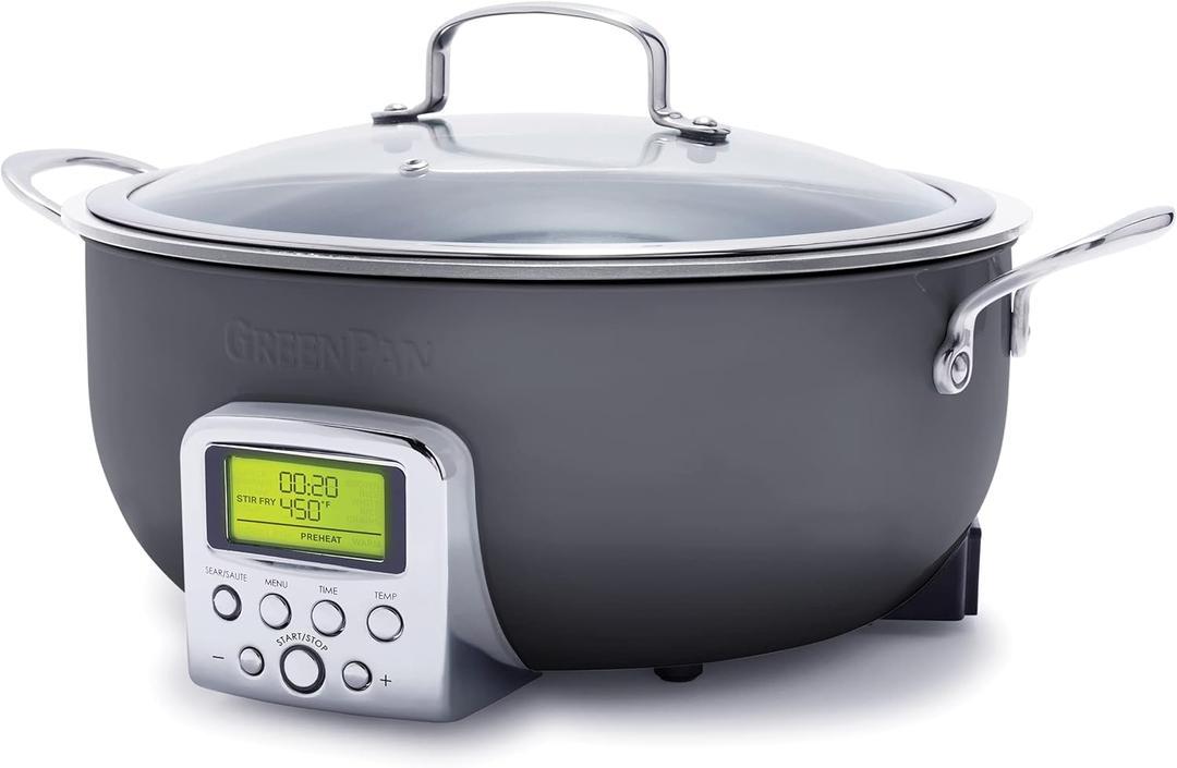 GreenPan Elite Essential Smart Electric 6QT Skillet Pot, Presets to Sear Saute Stir-Fry and Cook Rice, Healthy Ceramic Nonstick and Dishwasher Safe Parts, Easy-to-use LED Display, Graphite