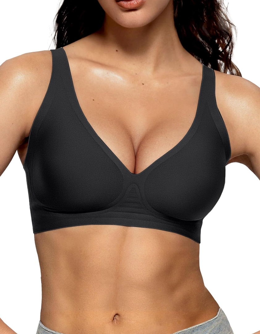 Vertvie Womens Wireless Seamless Bras Deep V No Underwire Push Up Bras Supportive Full Coverage Bralettes Plunge T Shirt Bra, Size L