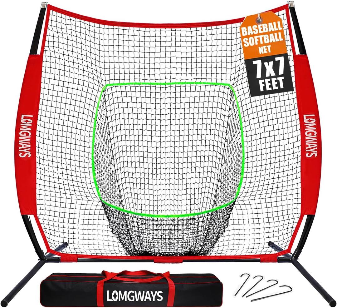 7x7ft/8x8ft Baseball Softball Net with Steel Frame for Batting, Hitting, Pitching, Portable Baseball Batting Net with Carry Bag, Great for All Levels, Red