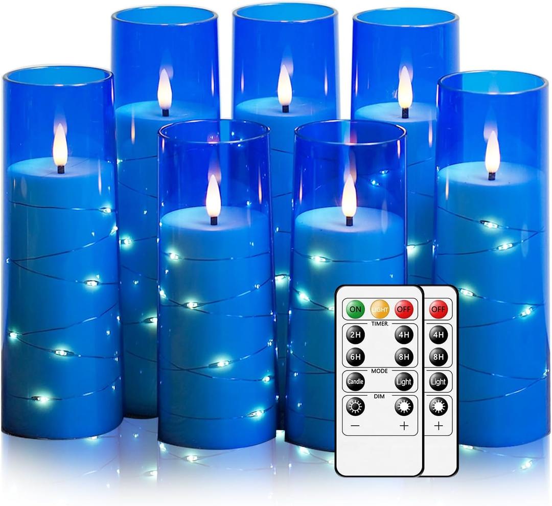 Flameless Candles with Embedded Star String, Battery Operated LED Pillar Candles with Timer and Remote Control, Home Decorating for Ambiance, Set of 7 (Blue)
