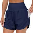 THE GYM PEOPLE Womens High Waist Running Shorts with Liner Athletic Hiking Workout Shorts Zip Pockets (Blue, L)