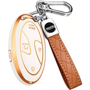 5 Buttons Compatible with Hyundai Key Fob Cover Accessories, Fits for Elanrtra Sonata Ioniq Santa Fe Santa Cruz KONA Tucson, Soft TPU Key Case with Leather Keychain (Ivory)