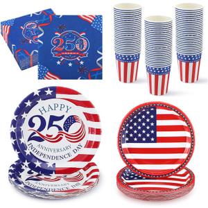 Teenyyou 100 Pcs 250 Year Anniversary Dinnerware Sets Disposable 250 Anniversary Plates and Napkins Set Tableware Serve 25 Guests for Independence Memorial Day Party Supplies