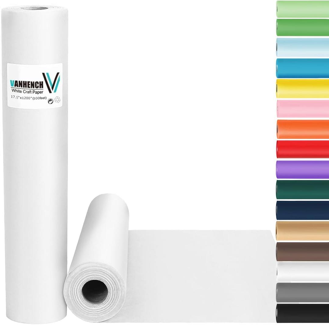 Vanhench White Wrapping Paper 17.5"x1200"(100'), Bulletin Board Easel Painting Drawing Banner Craft Kraft Paper Roll Kids Art Supplies, Chart Poster, Floor Covering Wedding Gift Wrap 80GSM 55LB