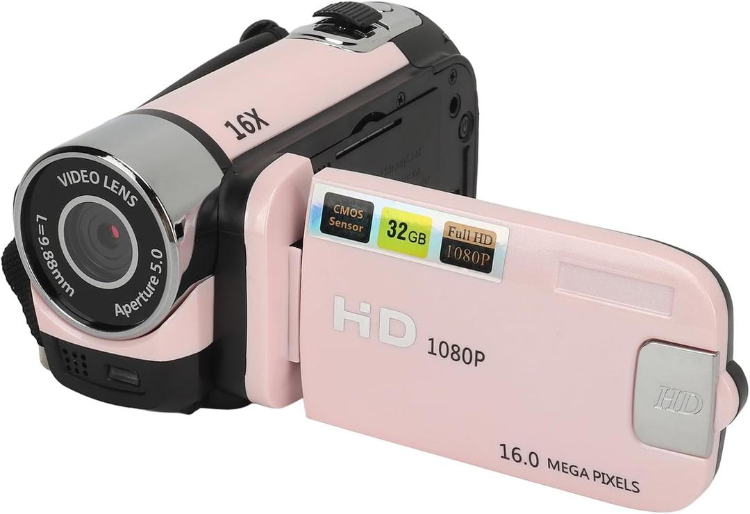 Video Camera Camcorder, 1080P 16MP 16X Zoom 2.4 Inch Rotatable Screen Camcorder, Handheld Video Recorder with Fill Light & 1/4 inch Thread Hole for Teens Beginner Adult (Light Pink)