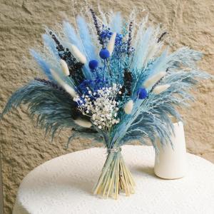 Blue Dried Flowers Bouquet with Pampas Grass - Boho Home Decor and DIY Floral Arrangements for Bedroom, Office, and Wedding Centerpieces